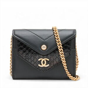 Chanel V Stitch Lambskin Python Chain Shoulder Bag Wallet Black